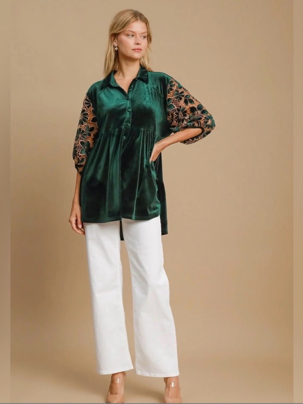 Hunter Green Velvet Blouse with Lace Sleeves